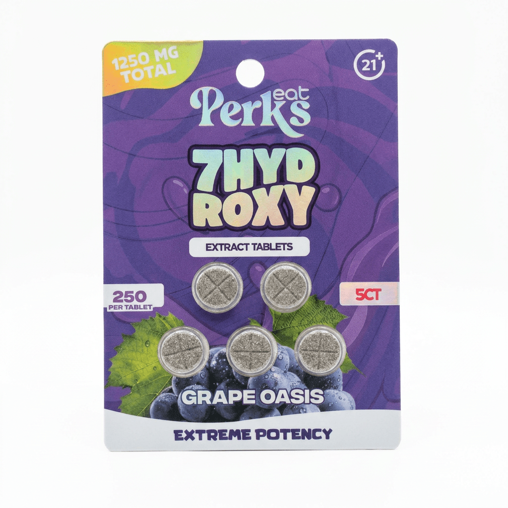 Eat Perks 7-OH Tablets, 1250mg, 5-count pack, in a blister-pack box — close-up of the product box