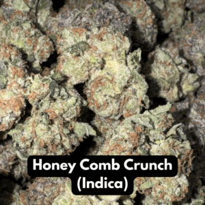Natural THC-A hemp flower in Honey Comb Crunch, indica strain, in a resealable pouch