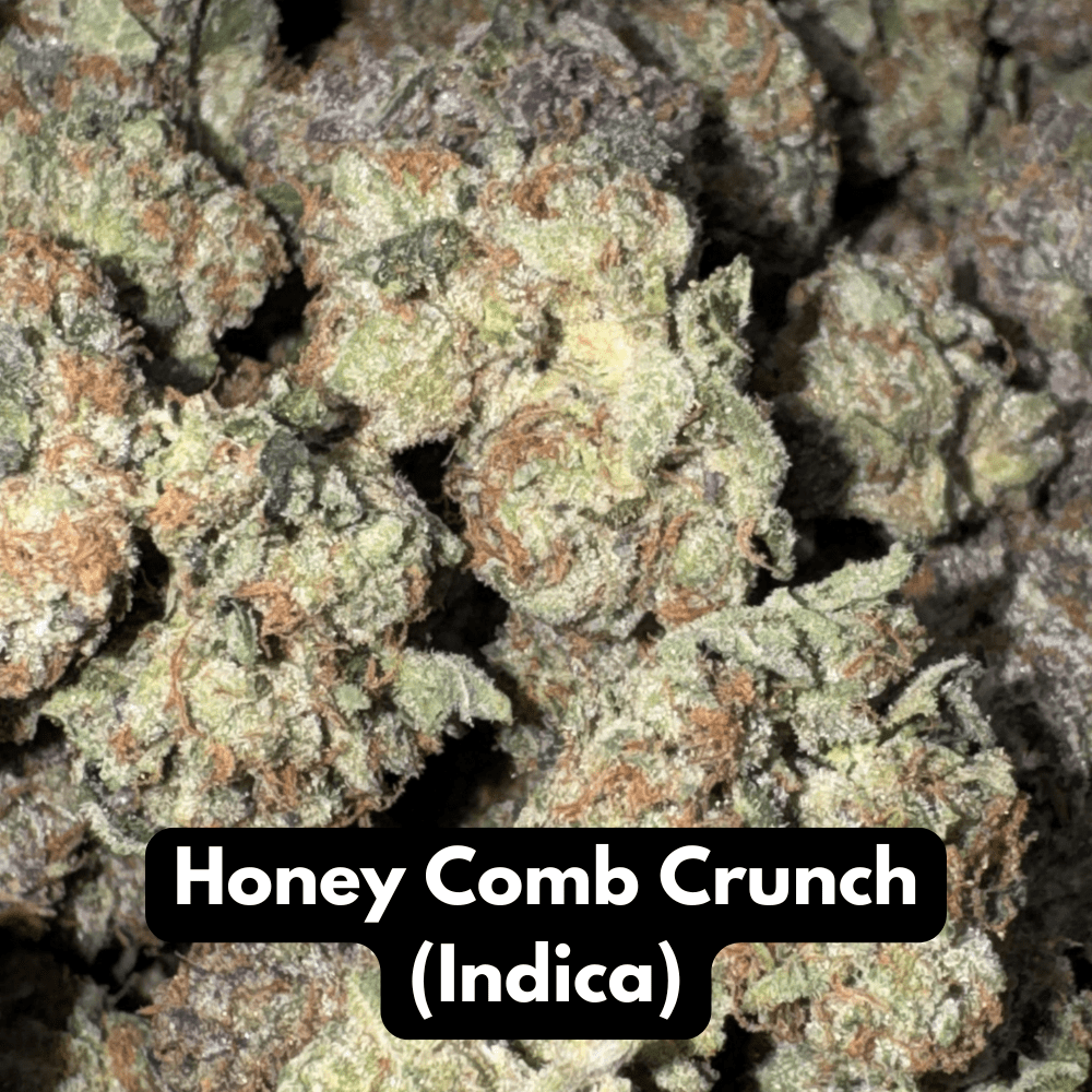 Natural THC-A hemp flower in Honey Comb Crunch, indica strain, in a resealable pouch