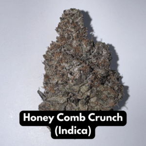 Natural THC-A hemp flower in Honey Comb Crunch, indica strain, in a resealable pouch — close-up of the buds