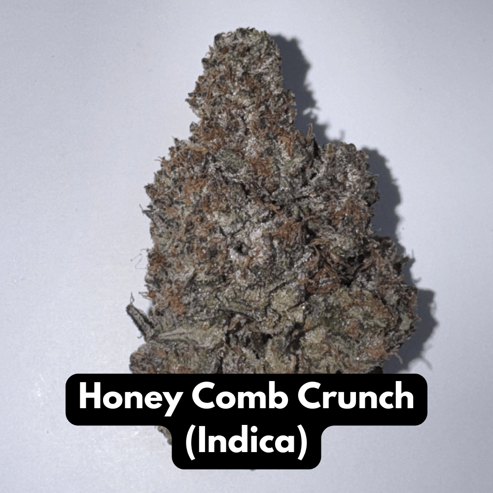 Natural THC-A hemp flower in Honey Comb Crunch, indica strain, in a resealable pouch — close-up of the buds
