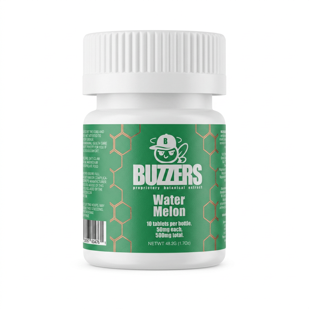 Buzzers Botanical Tablets, 500mg, 10-count pack, in a blister-pack box — package shown on a white background