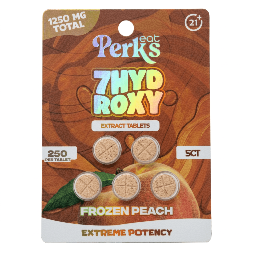 Eat Perks 7-OH Tablets, 1250mg, 5-count pack, in a blister-pack box — front of the retail package