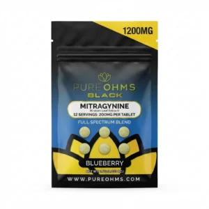 PureOhms Black MIT Tablets, 1200mg, 6-count pack, in a blister-pack box — front of the retail package