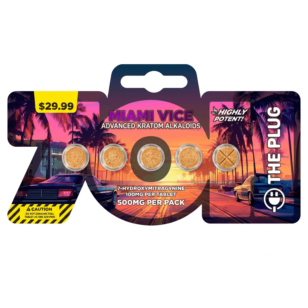 The Plug 7-OH Tablets, 500mg, 5-count pack, in a blister-pack box — close-up of the product box