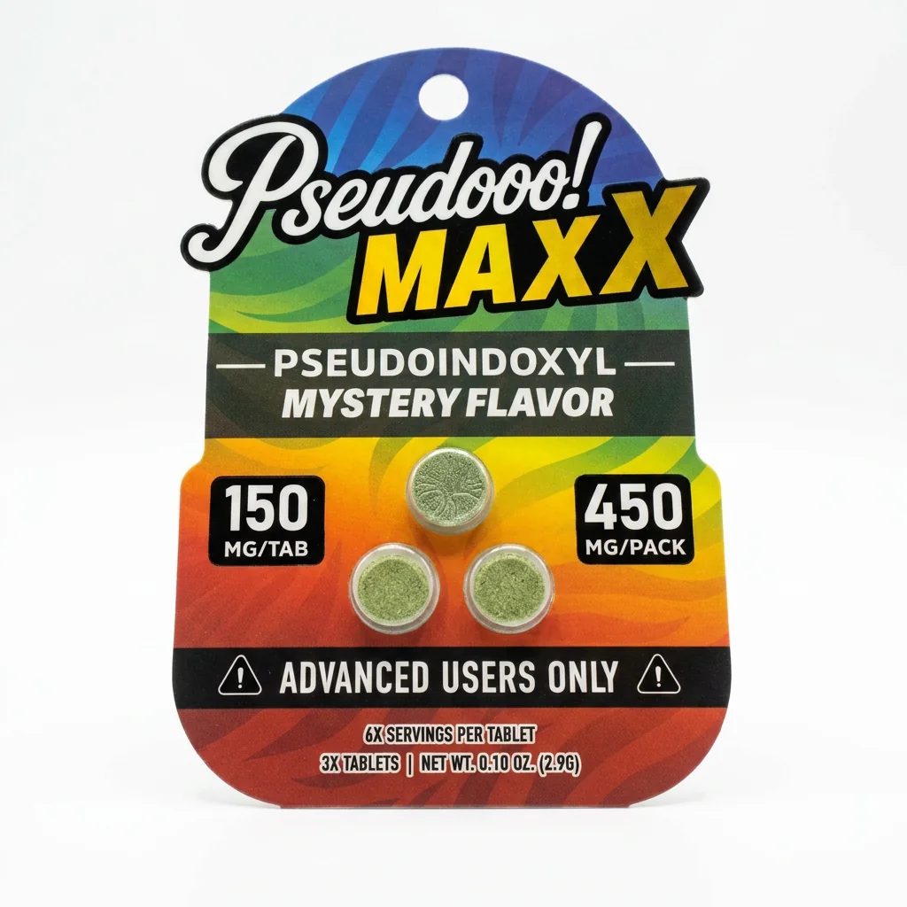 Pseudooo! Maxx Pseudo Tablets, 450mg, 3-count pack, in a blister-pack box — close-up of the product box