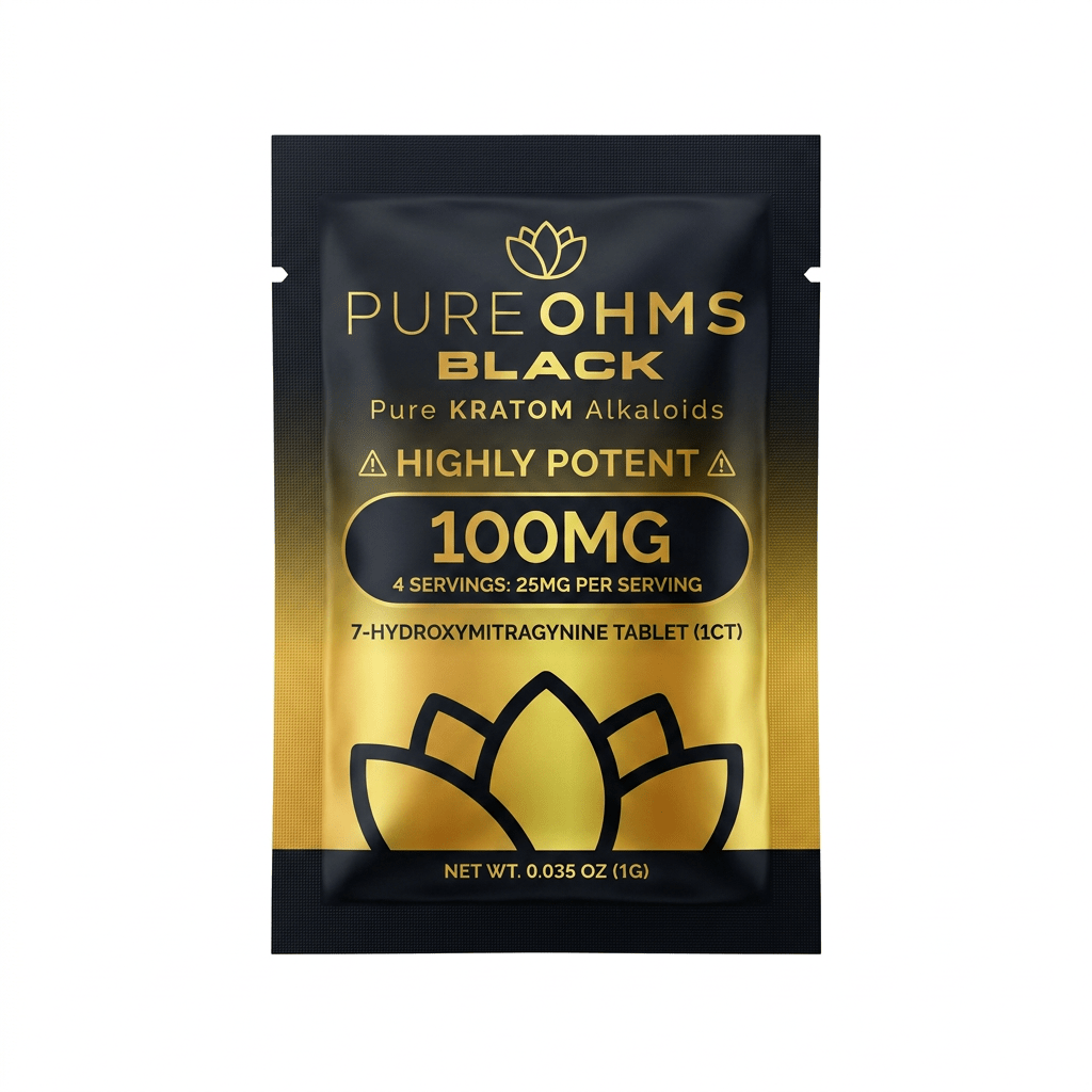 PureOhms Black 7-OH Tablet, 100mg, 1-count pack, in a blister-pack box