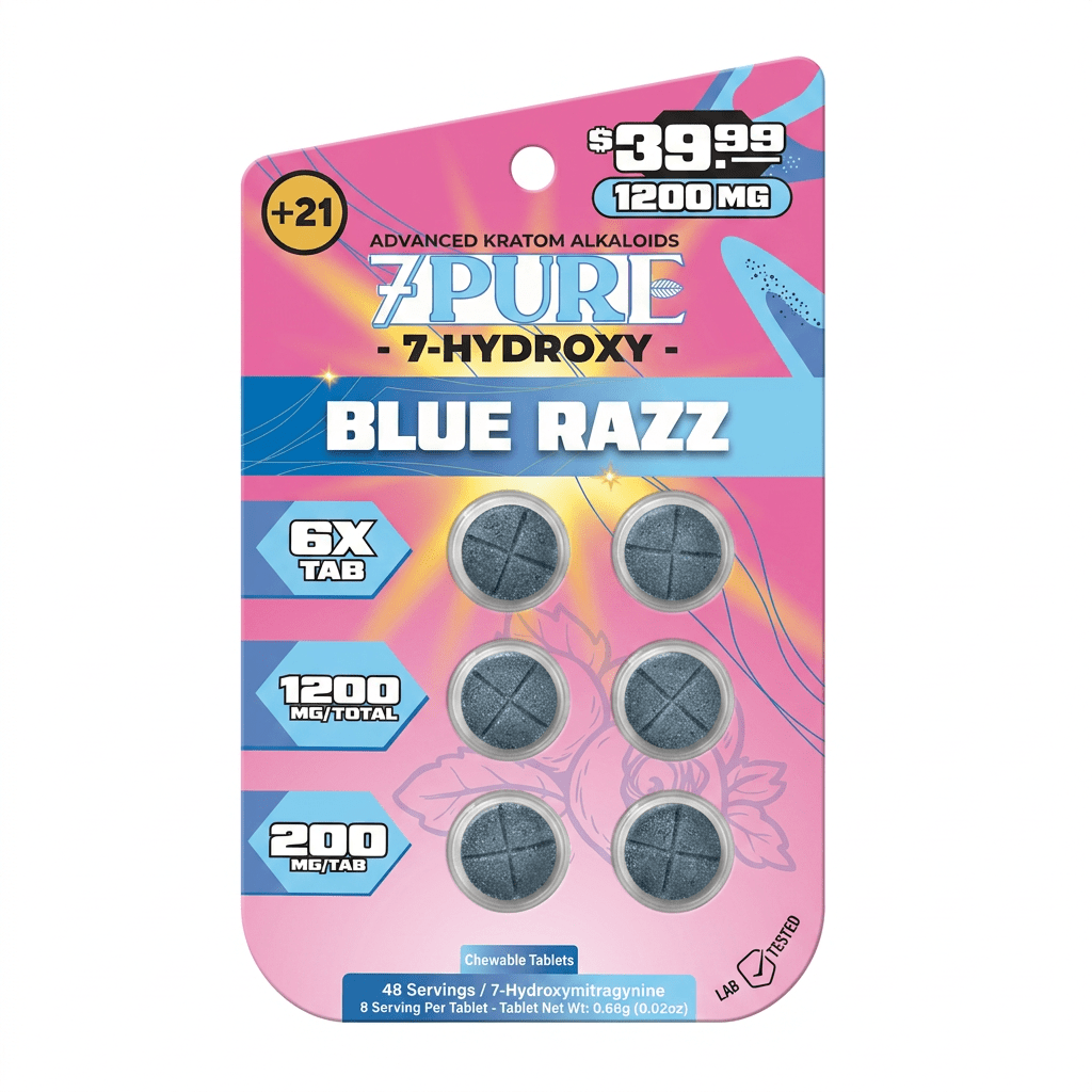 7Pure 7-hydroxy Blue Razz tablets in a pink blister card
