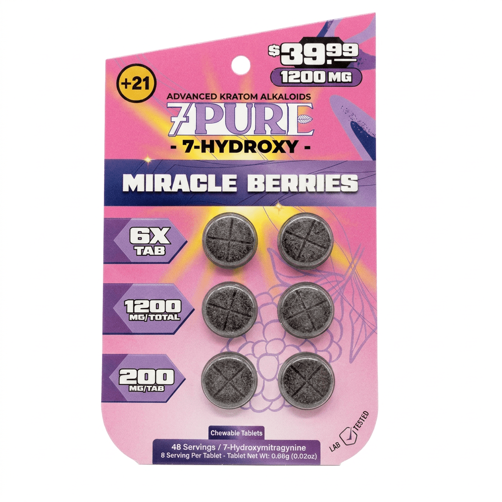 7Pure 7-hydroxy Miracle Berries tablets in a pink blister card