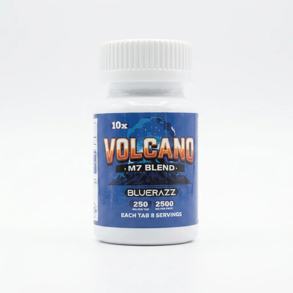 Volcano M7 Blend 7-OH + MGM Tablets, 2500mg, 10-count pack, in a blister-pack box — packaging and label detail