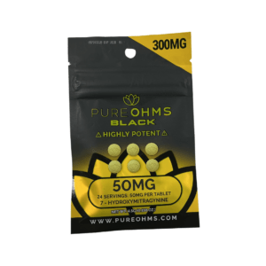 PureOhms Black 50mg tablets in a black and gold pouch