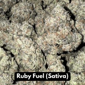 Natural THC-A hemp flower in Ruby Fuel, sativa strain, in a resealable pouch
