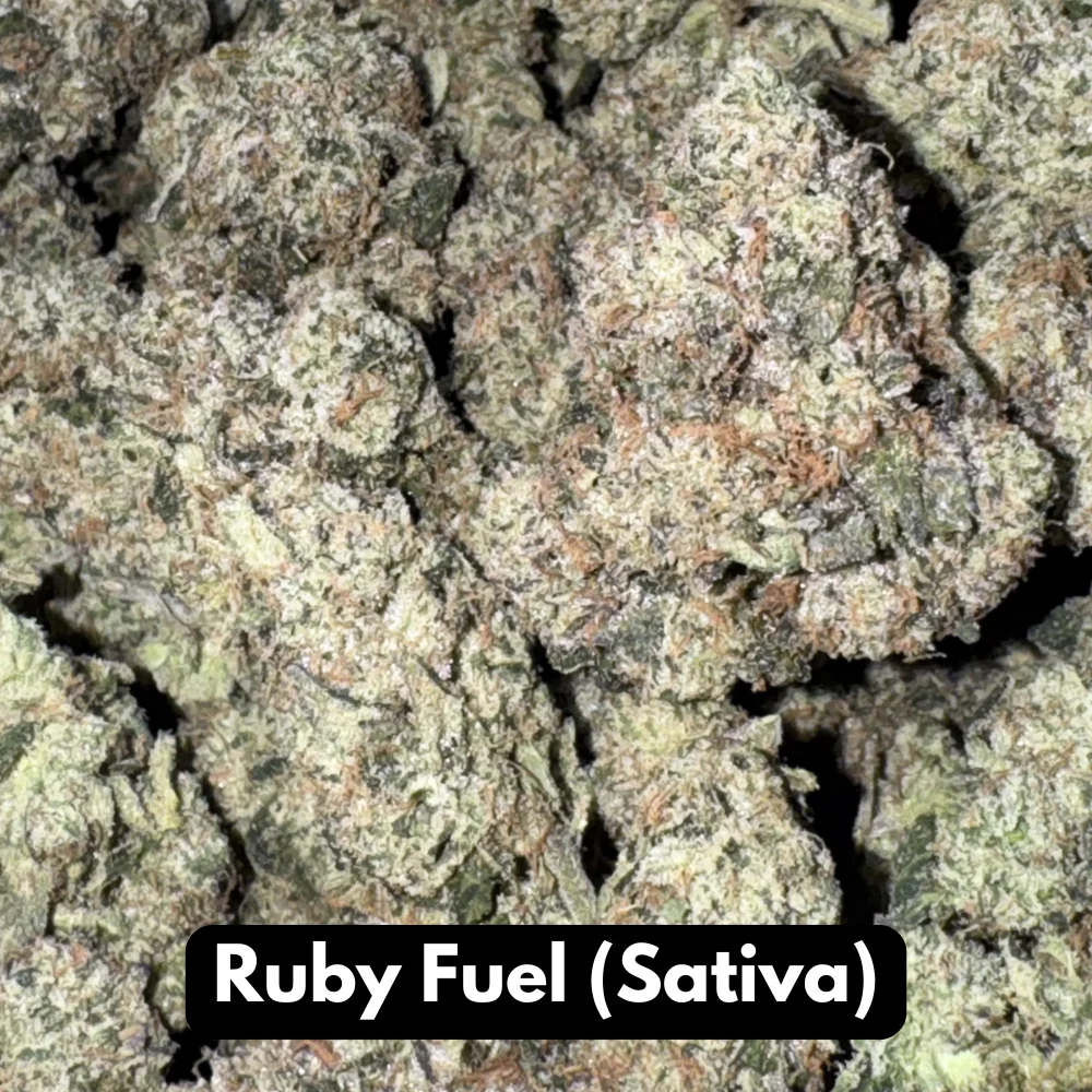 Natural THC-A hemp flower in Ruby Fuel, sativa strain, in a resealable pouch