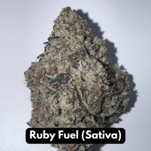 Natural THC-A hemp flower in Ruby Fuel, sativa strain, in a resealable pouch — close-up of the buds