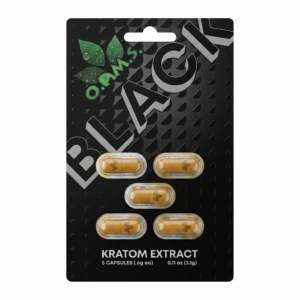 O.P.M.S. Black Kratom Capsules, 5-count pack, in a capsule bottle