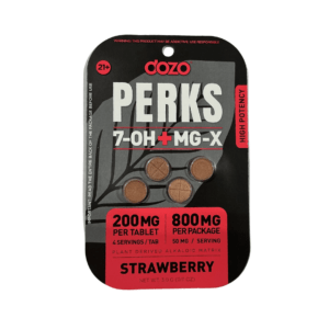 Dozo Perks 7-OH plus MG-X strawberry tablets in a black and red pouch