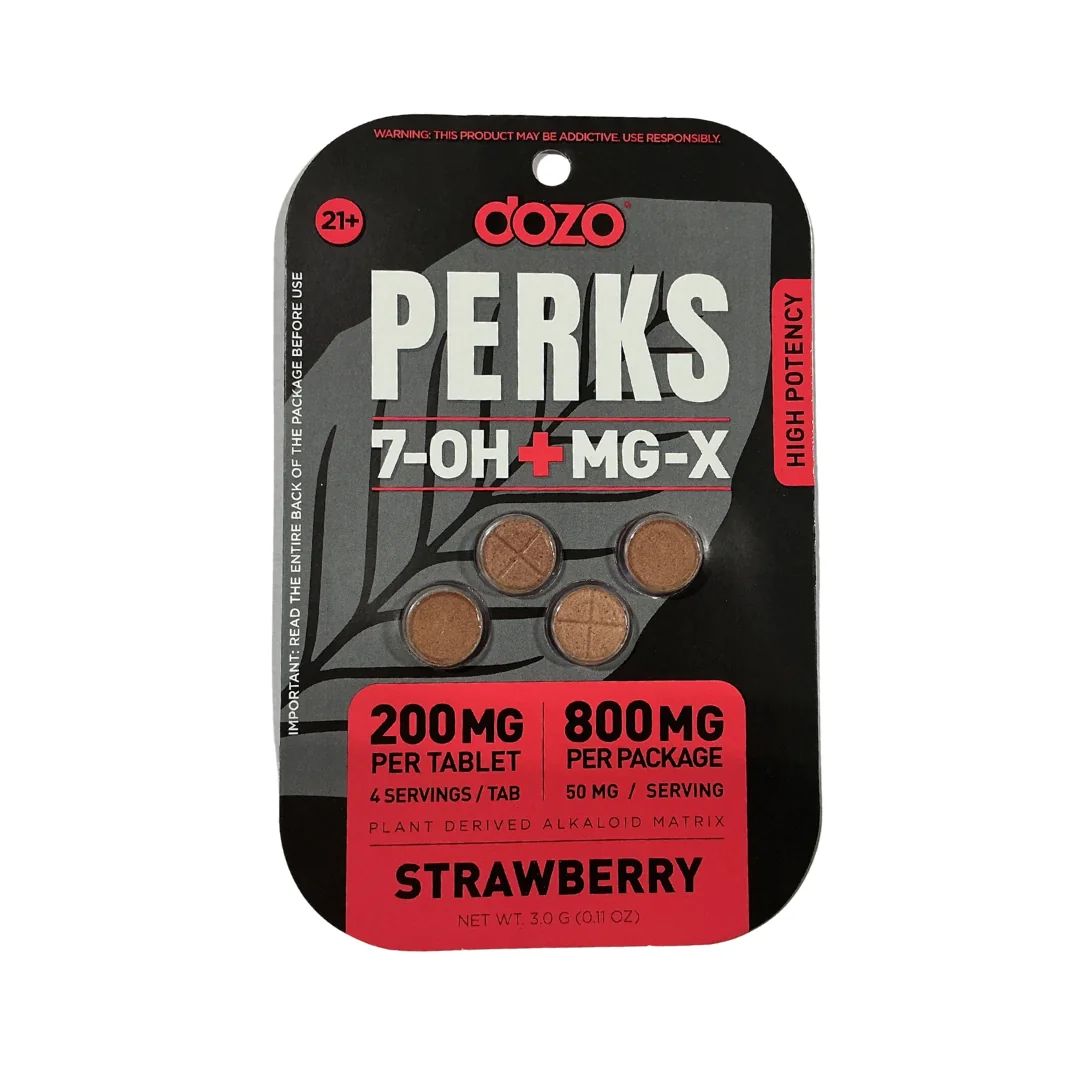 Dozo Perks 7-OH plus MG-X strawberry tablets in a black and red pouch