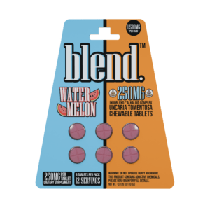 Blend Watch Melon 7-hydroxymitragynine chewable tablets in an orange blister card