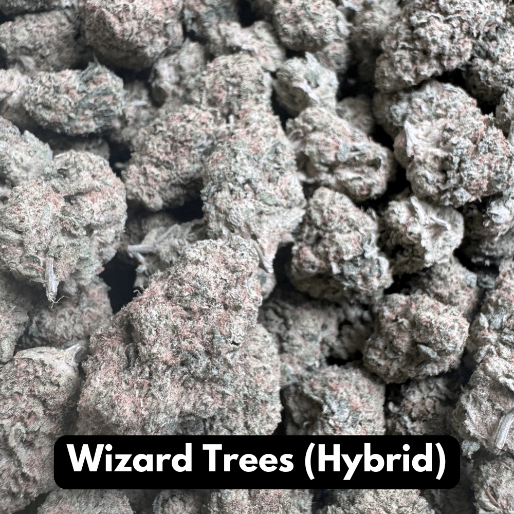 Natural THC-A hemp flower in Wizard Trees, hybrid strain, in a resealable pouch
