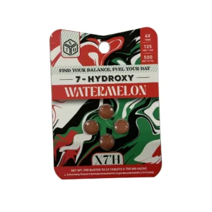 7-Hydroxy Watermelon N7II tablet in a red and green single-serve pouch with a superhero graphic
