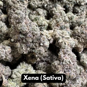 Natural THC-A hemp flower in Xena, sativa strain, in a resealable pouch