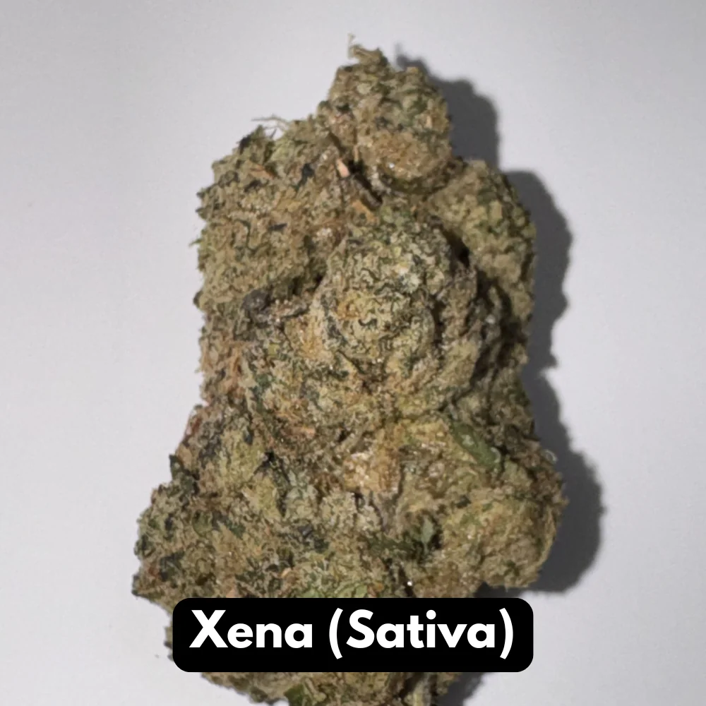 Natural THC-A hemp flower in Xena, sativa strain, in a resealable pouch — close-up of the buds