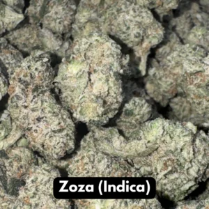 Natural THC-A hemp flower in Zoza, indica strain, in a resealable pouch