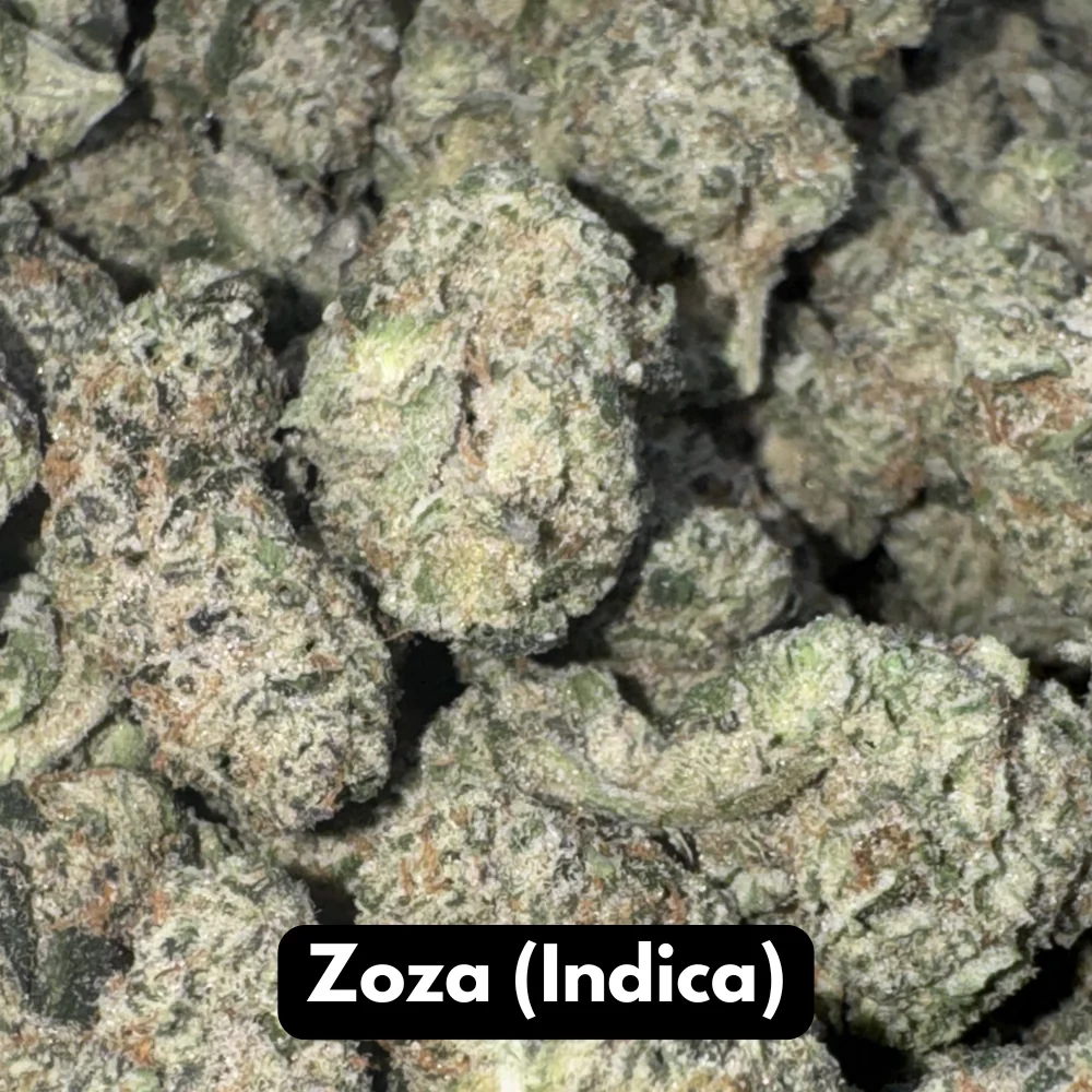 Natural THC-A hemp flower in Zoza, indica strain, in a resealable pouch