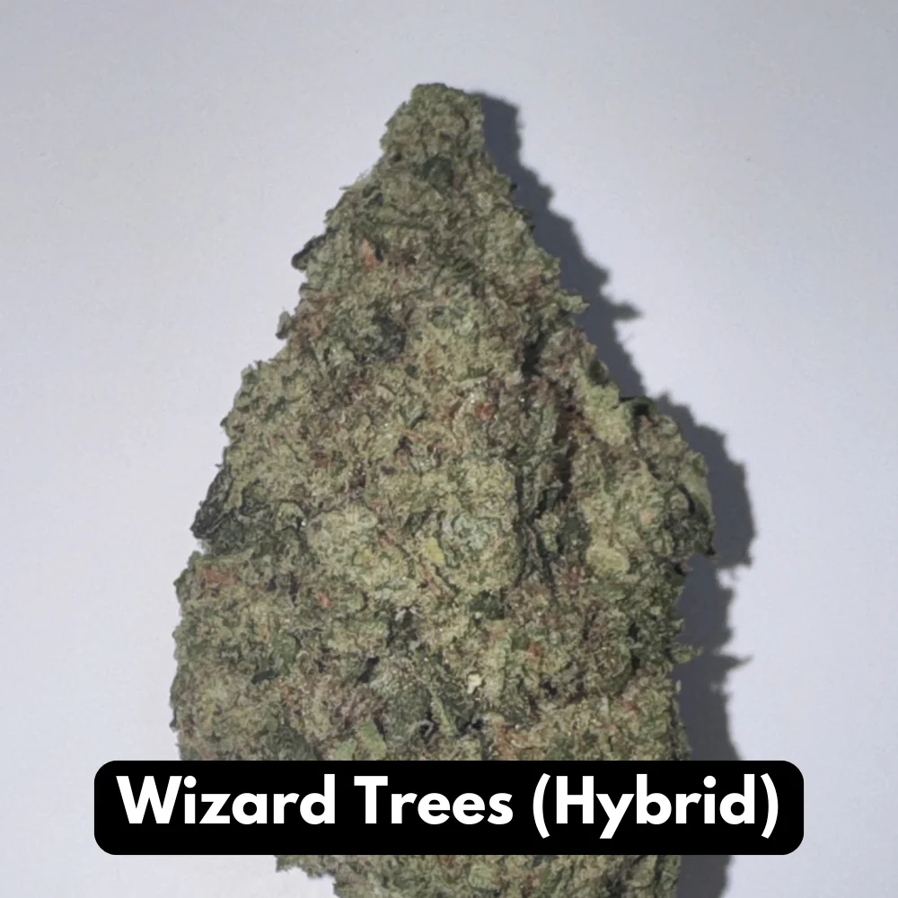 Natural THC-A hemp flower in Wizard Trees, hybrid strain, in a resealable pouch — close-up of the buds
