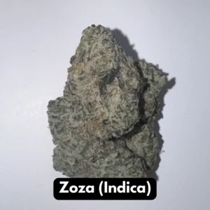 Natural THC-A hemp flower in Zoza, indica strain, in a resealable pouch — close-up of the buds