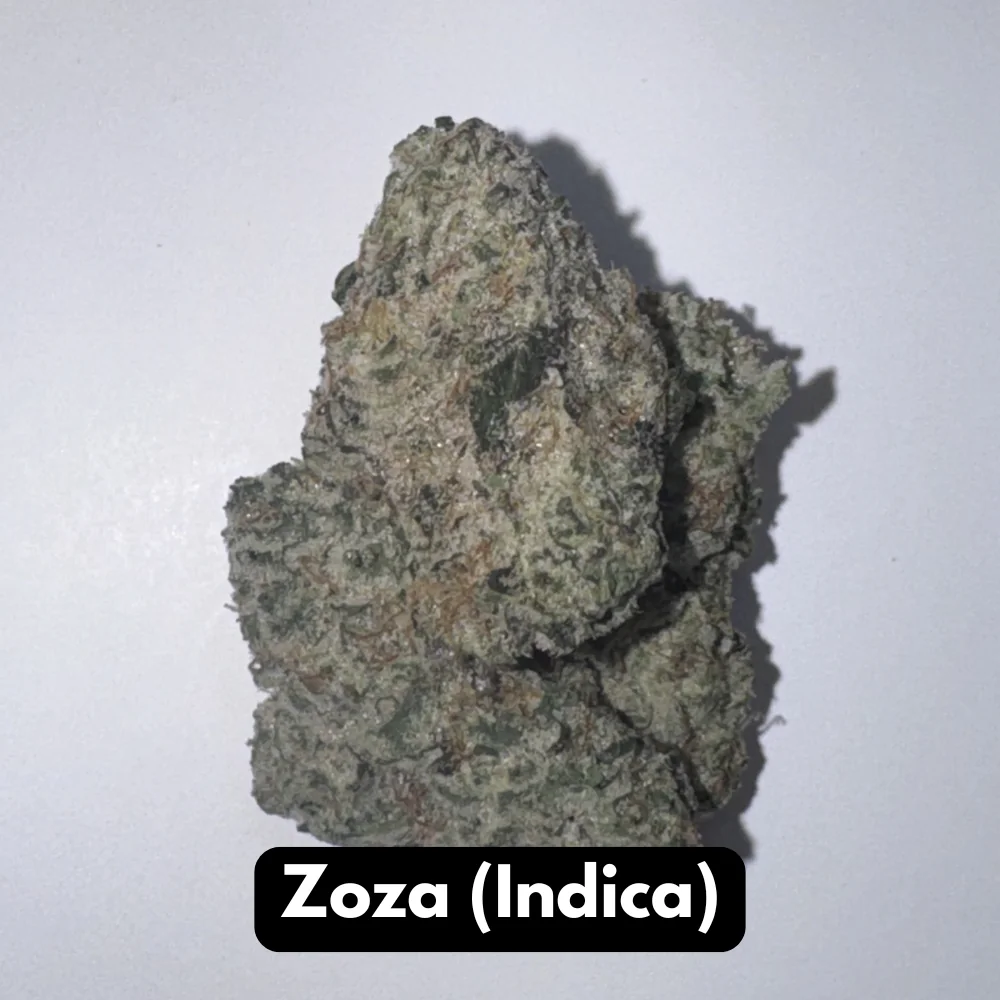 Natural THC-A hemp flower in Zoza, indica strain, in a resealable pouch — close-up of the buds