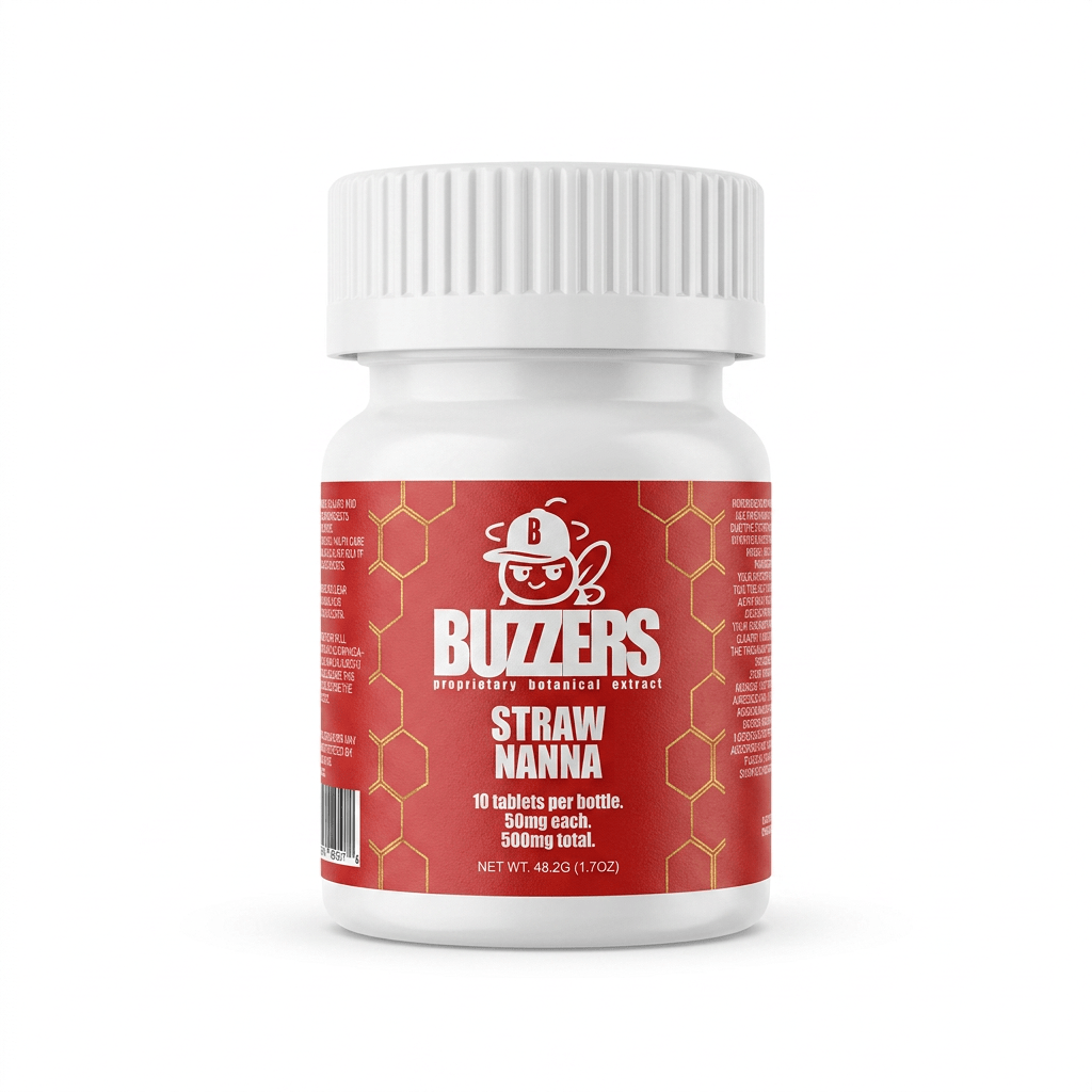 Buzzers Botanical Tablets, 500mg, 10-count pack, in a blister-pack box — packaging and label detail