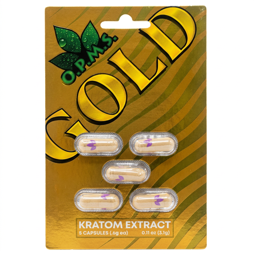 O.P.M.S. Gold Kratom Capsules, 5-count pack, in a capsule bottle