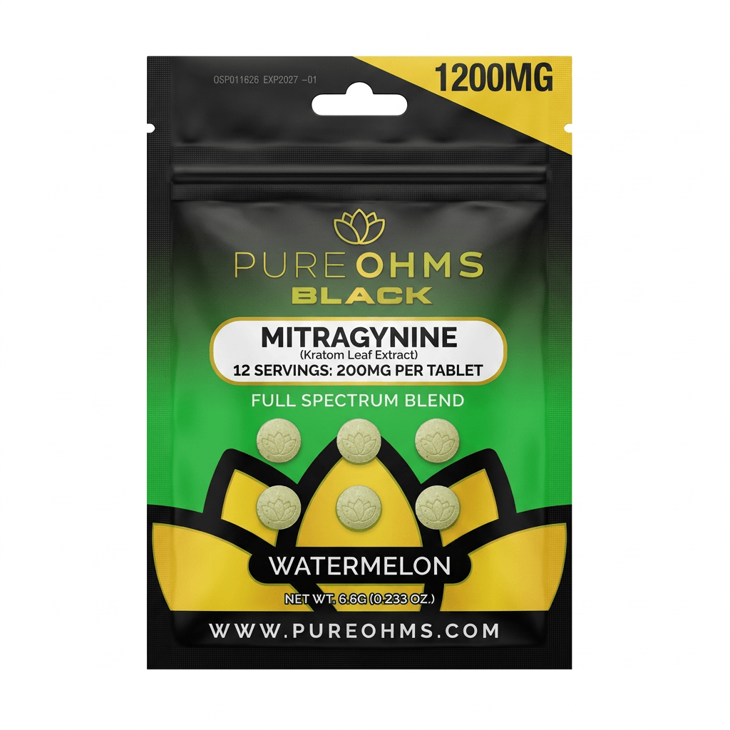PureOhms Black MIT Tablets, 1200mg, 6-count pack, in a blister-pack box