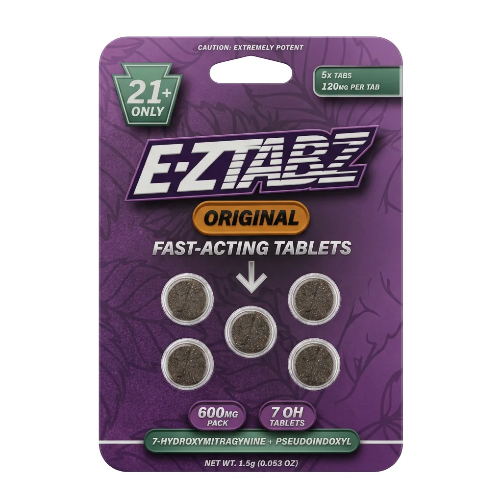 E-ZTabz 7-OH + Pseudo Tablets, 600mg, 5-count pack, in a blister-pack box