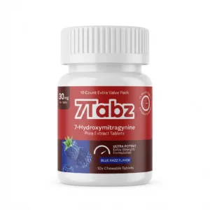 7Tabz 7-hydroxymitragynine tablets in a white bottle with a blue blueberry-themed label