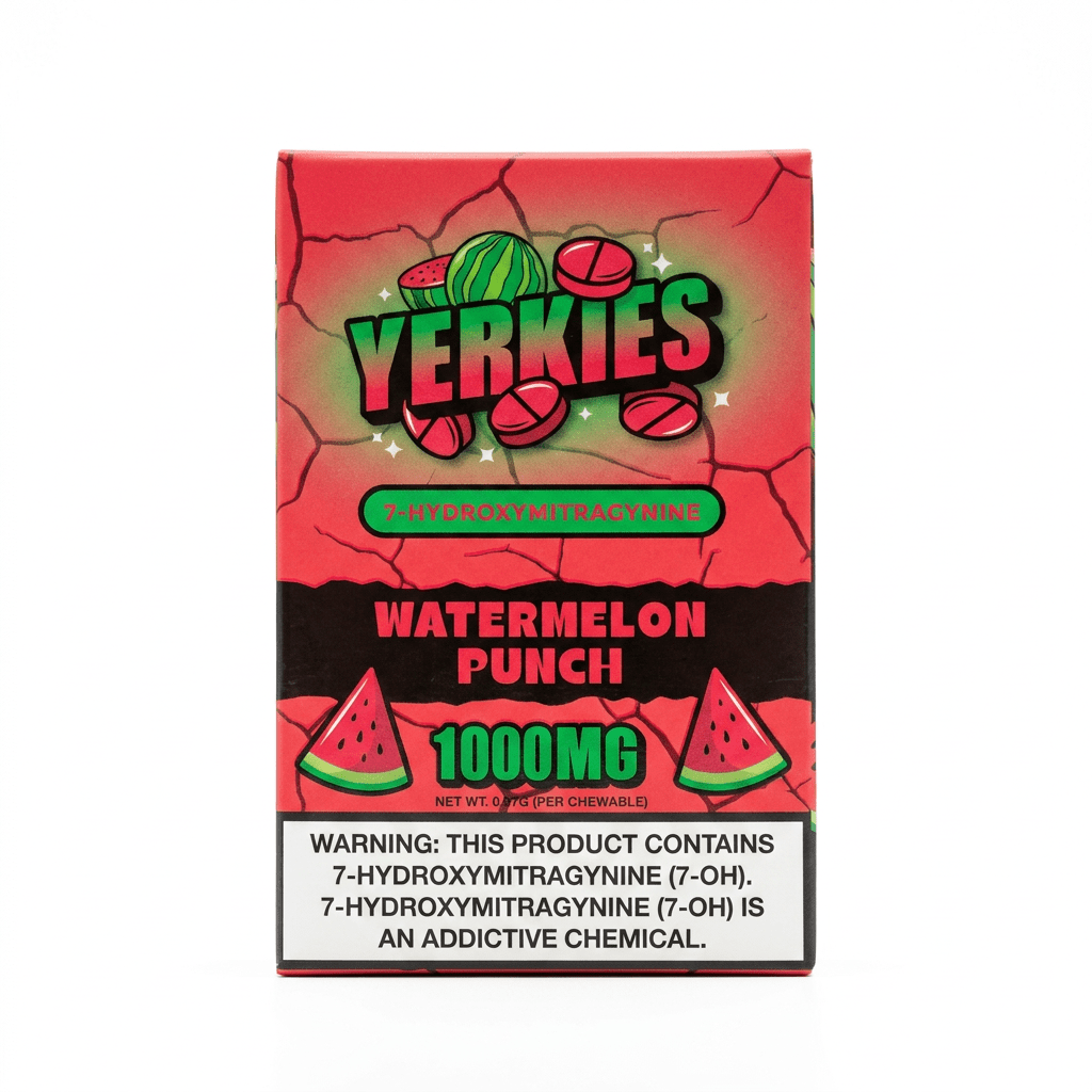 Yerkies 7-OH Tablets, 1000mg, 10-count pack, in a blister-pack box — packaging and label detail