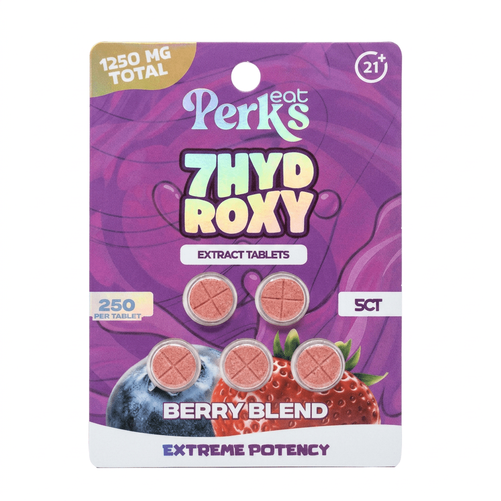 Eat Perks 7-OH Tablets, 1250mg, 5-count pack, in a blister-pack box — packaging and label detail