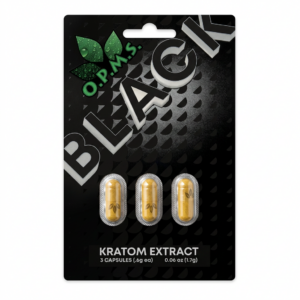 O.P.M.S. Black Kratom Capsules, 3-count pack, in a capsule bottle