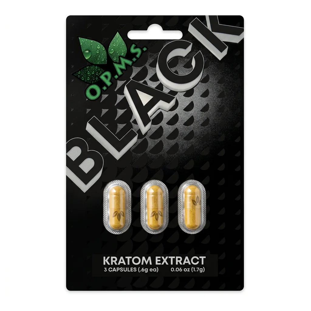 O.P.M.S. Black Kratom Capsules, 3-count pack, in a capsule bottle