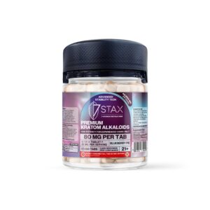 7Stax premium 7-OH kratom alkaloid tablets in blueberry pie, 80mg per tab, 500-count jar