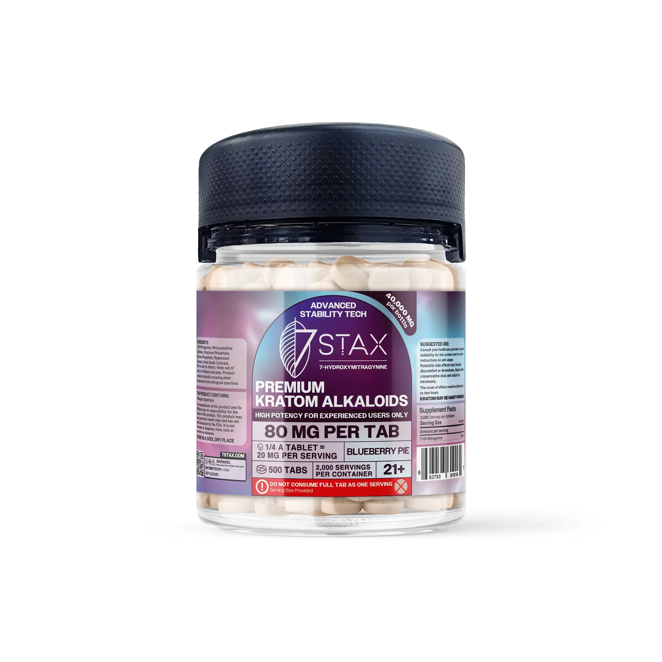 7Stax premium 7-OH kratom alkaloid tablets in blueberry pie, 80mg per tab, 500-count jar