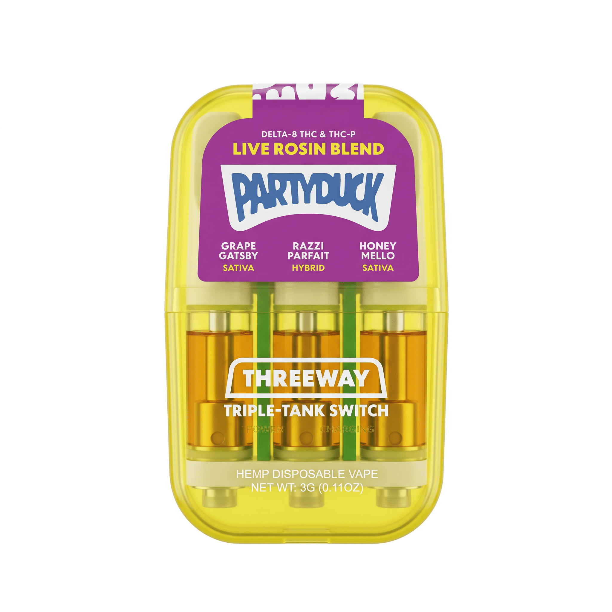 PartyDuck Delta-8 + THC-P Live Rosin Blend Threeway Disposable (3000mg) - Grape Gatsby, Razzi Parfait, Honey Mello