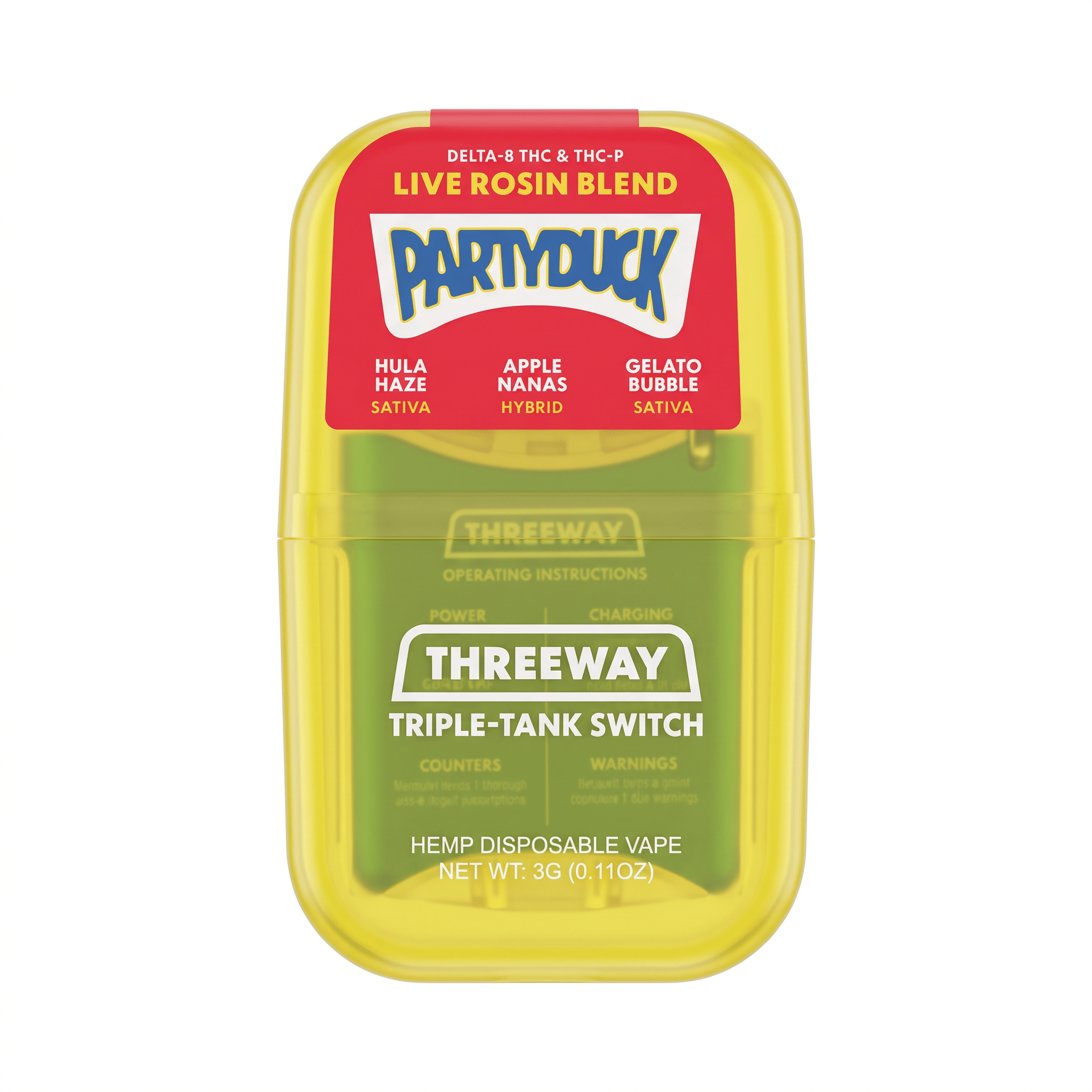 PartyDuck Delta-8 + THC-P Live Rosin Blend Threeway Disposable (3000mg) - Hula Haze, Apple Nanas, Gelato Bubble