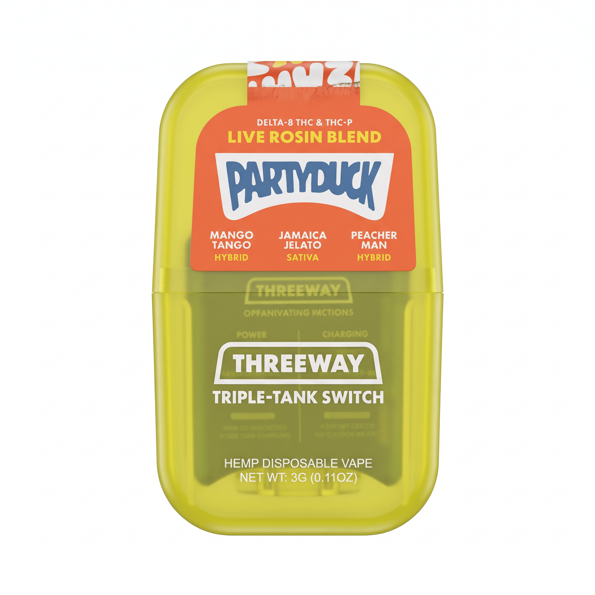 PartyDuck Delta-8 + THC-P Live Rosin Blend Threeway Disposable (3000mg) - Mango Tango, Jamaica Jelato, Peacher Man